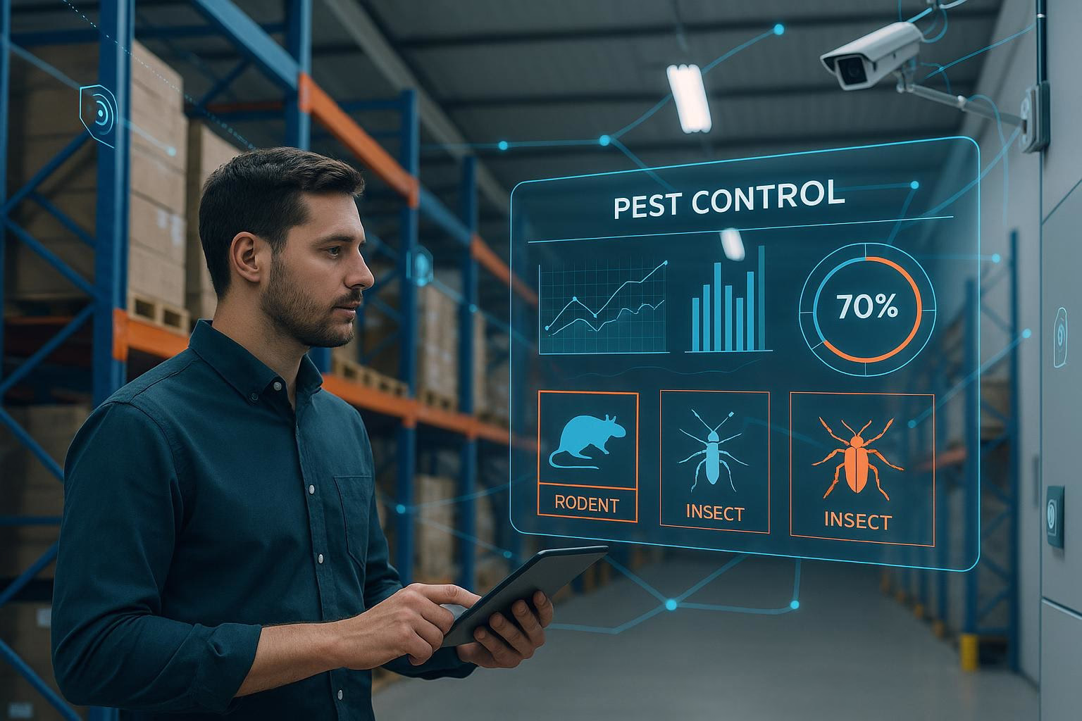 bild-ki-recherche-1 Mann hält Tablet vor Industrieumgebung; darüber HUD mit „PEST CONTROL“, Diagrammen und 70% sowie Symbolen für Nagetiere und Insekten.
