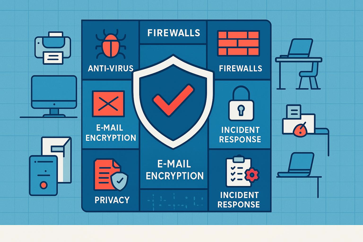bild-ki-recherche-3 Grafische Netzwerksicherheits-Übersicht mit Schutzschild und Kacheln für Anti-Virus, Firewalls, E-Mail-Verschlüsselung, Privatsphäre und Incident Response.