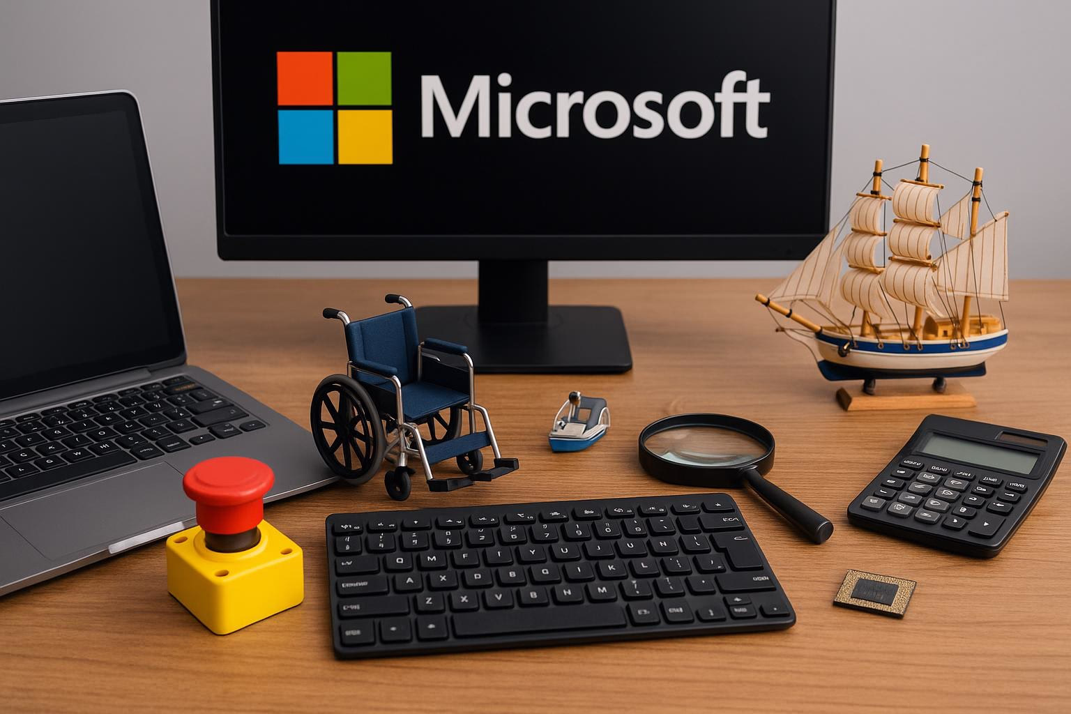 Schreibtisch-Set mit Barrierefreiheit: Rollstuhlmodell, Not-Aus-Schalter, Tastatur, Vergrößerungsglas und Mikrochip als Symbol für Technik-Update.