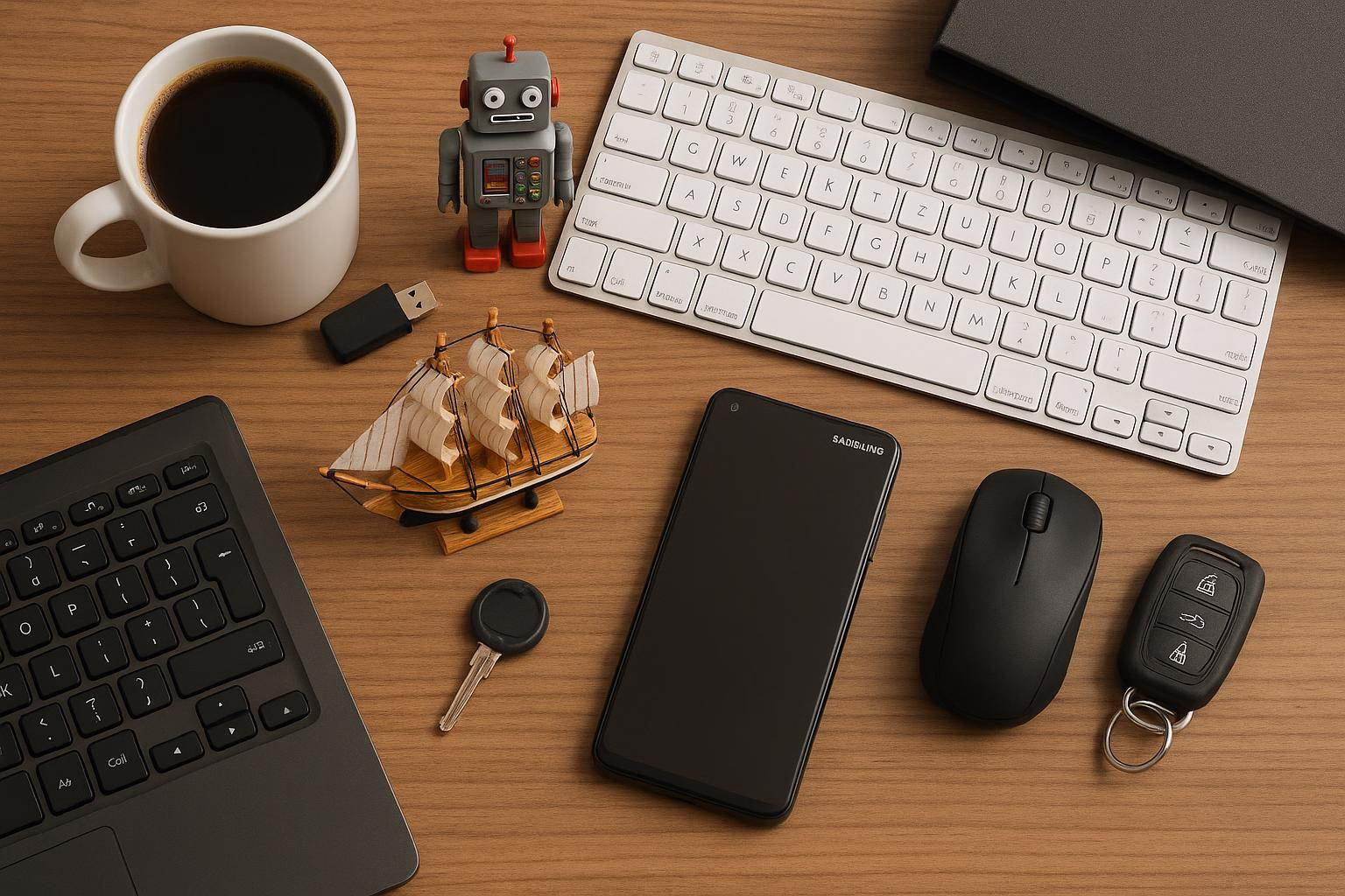 Schreibtischansicht mit Laptop, Tastatur, Maus und Smartphone, daneben Kaffeetasse, Roboterfigur, USB-Stick, Autoschlüssel, Modellschiff und Aktenordner.