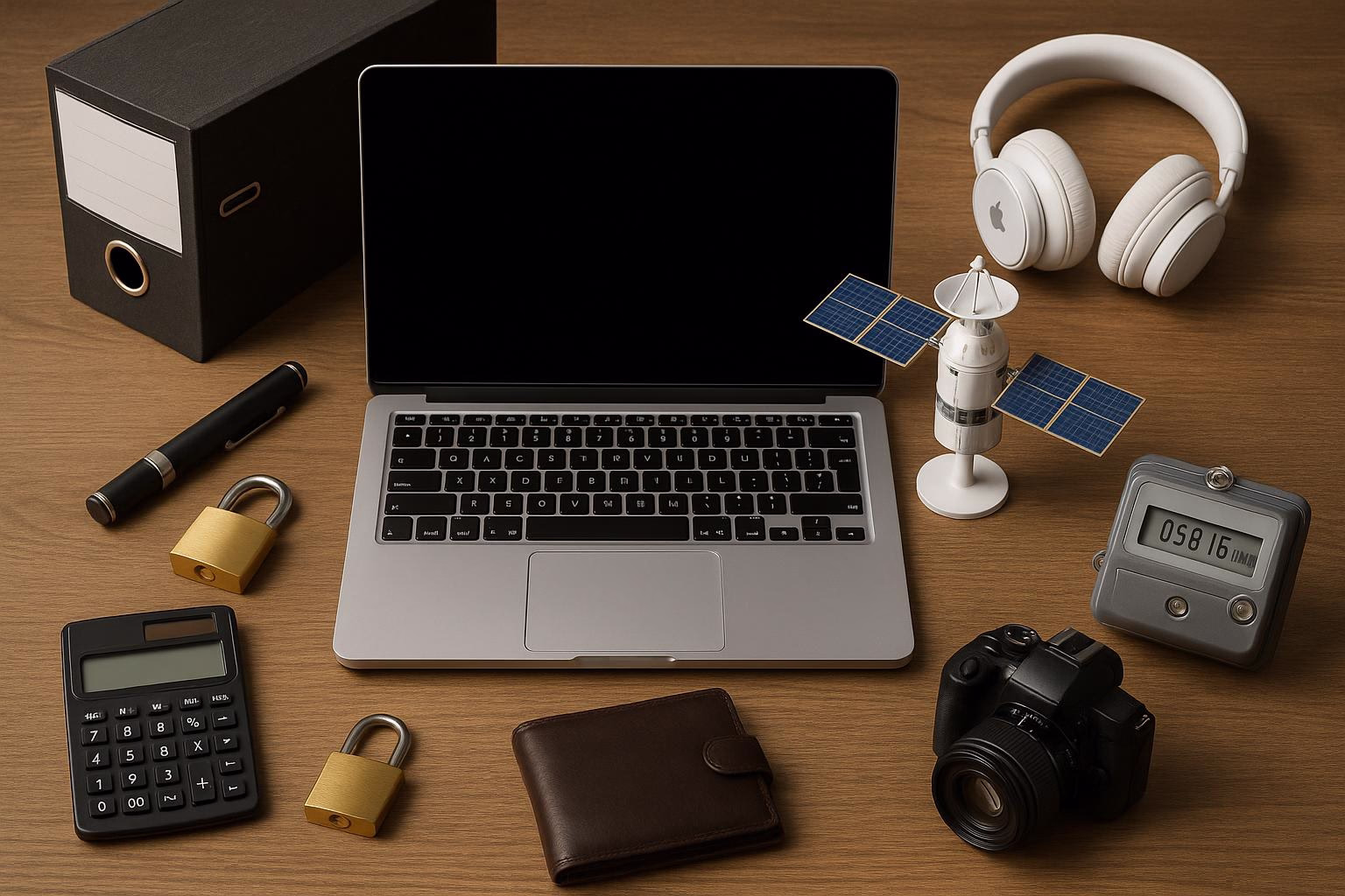 KDB Tech-Update 202601040606 Schreibtisch: Laptop mit Kopfhörern, Laserpointer, Digitalkamera, Taschenrechner und gesicherten Gegenständen zur Organisation technischer Arbeiten.