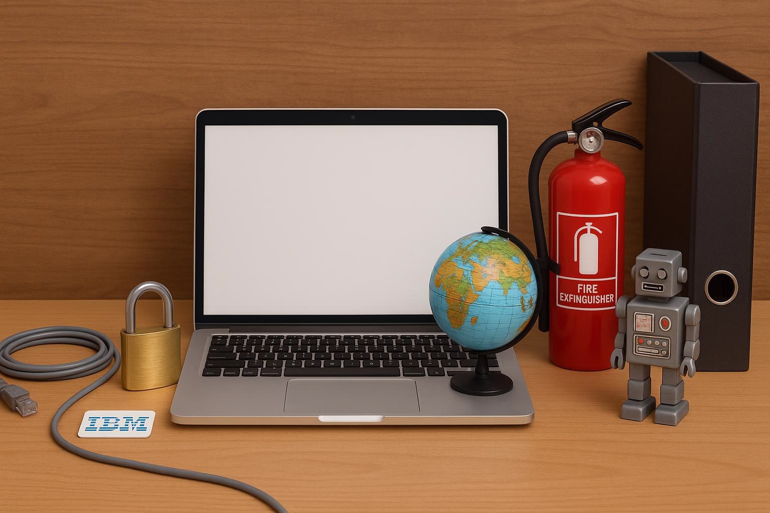 KDB Tech-Update 202601051602 Schreibtisch mit geöffnetem Laptop, Globus, Ethernetkabel, Schloss, Feuerlöscher und Roboterfigur als Hinweis auf IT- und Sicherheitskonzepte.
