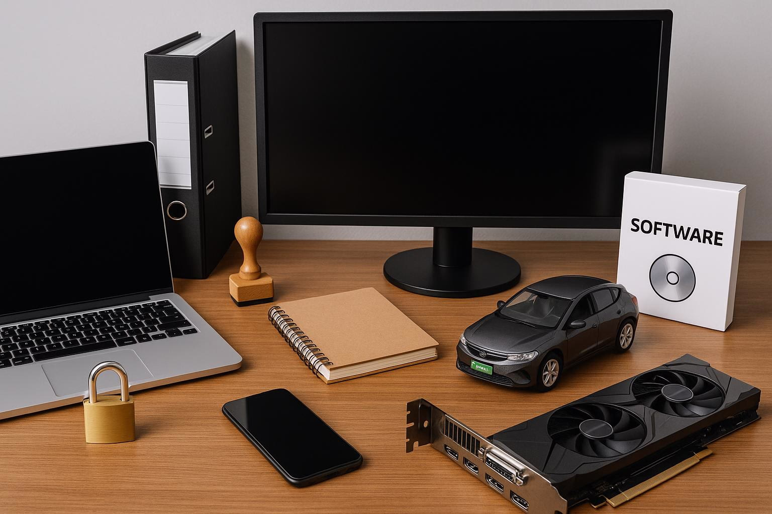KDB Tech-Update 202601061604 Schreibtisch mit Monitor, Laptop, Smartphone und Grafikkarte; daneben Softwarebox und Modellauto als Hinweis auf digitale Technik und Updates.
