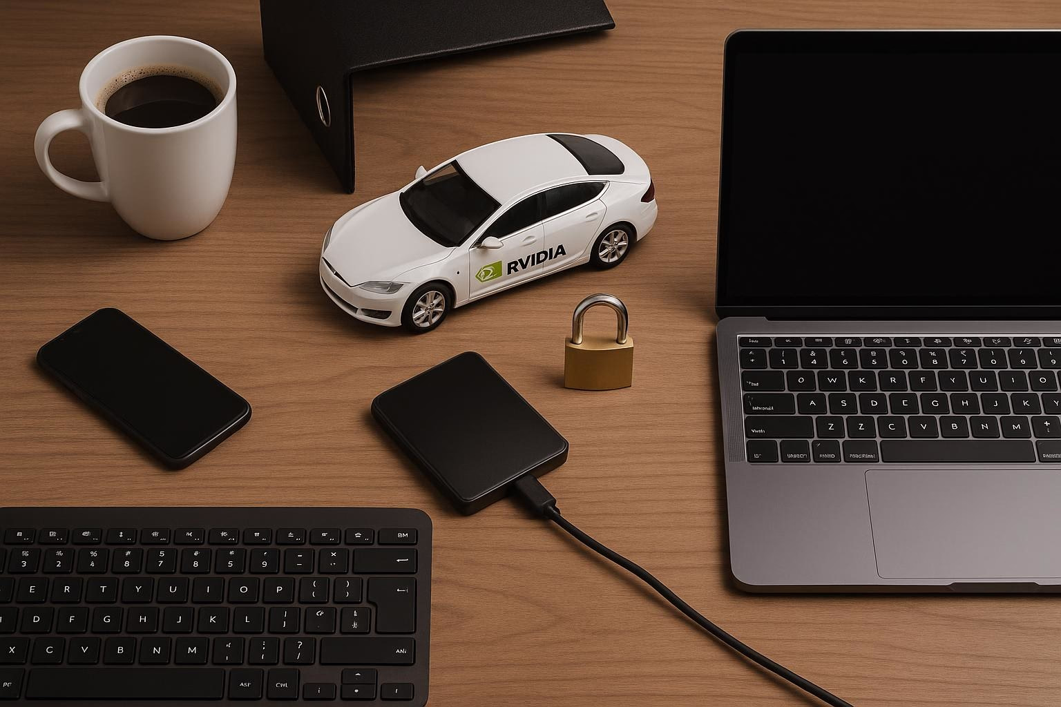 KDB Tech-Update 202601070605 Schreibtisch mit Laptop, Smartphone, externer Festplatte, Kaffeetasse und Modellauto neben Schloss und Kabel – zeigt vernetzte IT-Sicherheit.