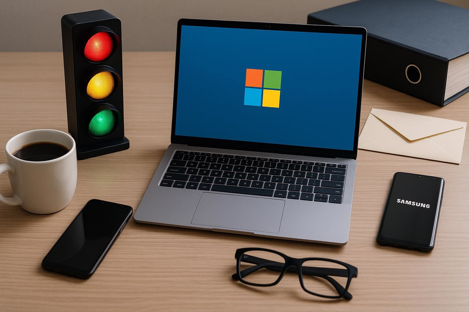 KDB Tech-Update 202601080606 Schreibtisch mit Laptop, Smartphone und Ampelsignal, E-Mail-Umschlag und Kaffee; belegt Techarbeitsplatz mit Kommunikation, Technikstatus und Fokus.
