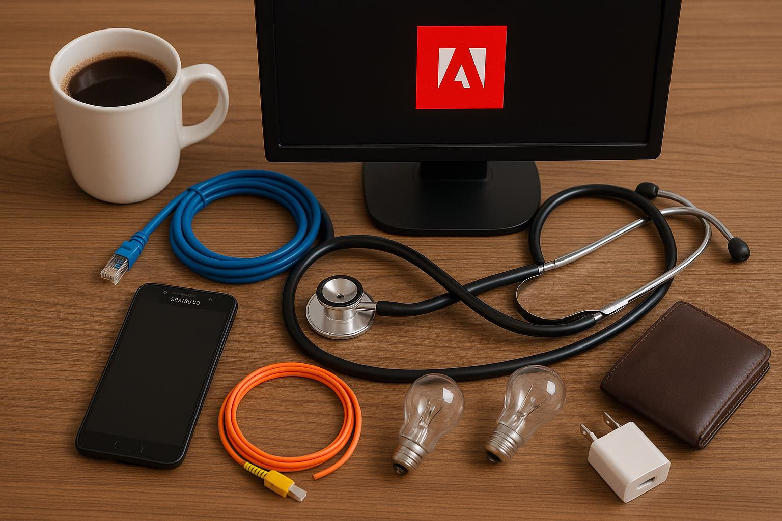 KDB Tech-Update 202601090606 Schreibtisch mit Monitor, Kaffee, Smartphone, Stethoskop, Ethernet- und Glasfaser-Kabeln, Lampen, Ladegerät—symbolisch für Technik- und Gesundheits-Update.
