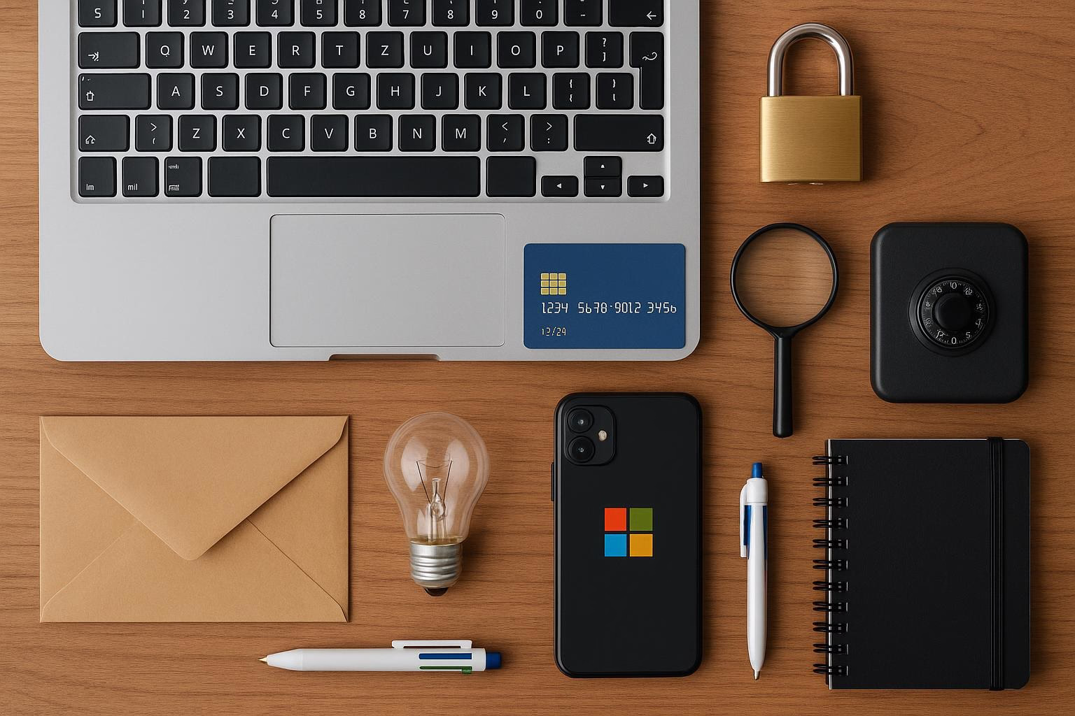 KDB Tech-Update 202601091606 Laptop, Smartphone, Vorhängeschloss, Lupe und Datenträger auf Schreibtisch: Symbol für Datensicherheit, Prüfung und Informationsaustausch.