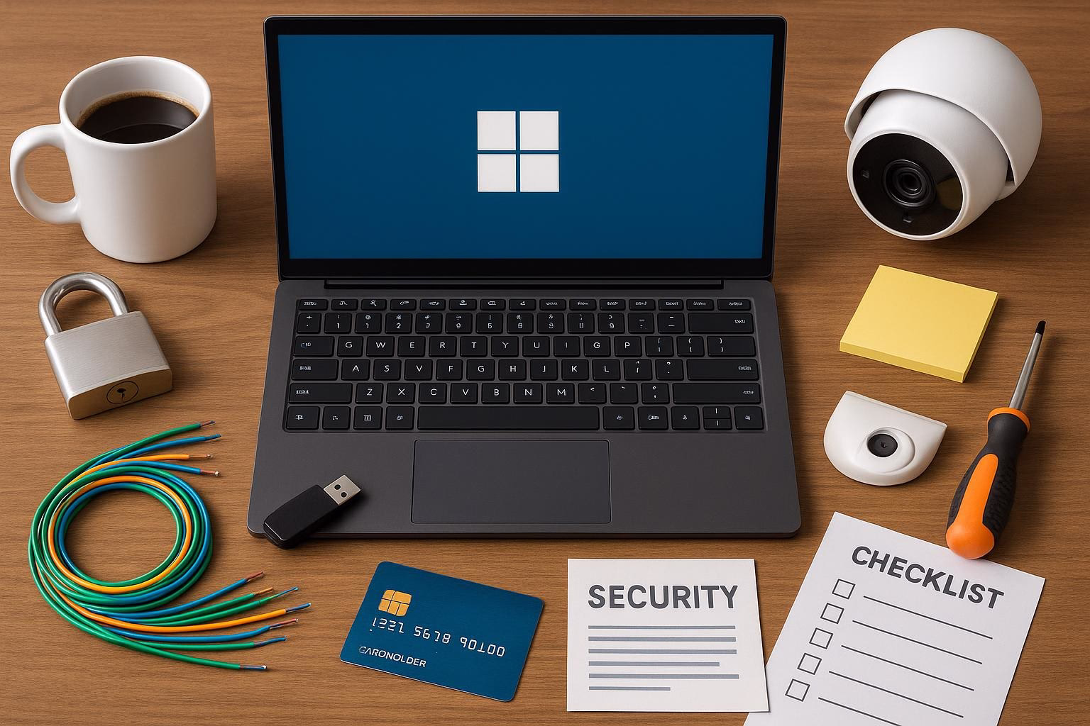 KDB Tech-Update 202601100602 Schreibtisch: Laptop mit Sicherheits-Check, Schloss, Kamera, Kabel, USB-Stick, Kreditkarte und Checkliste zur IT-Security-Übersicht.