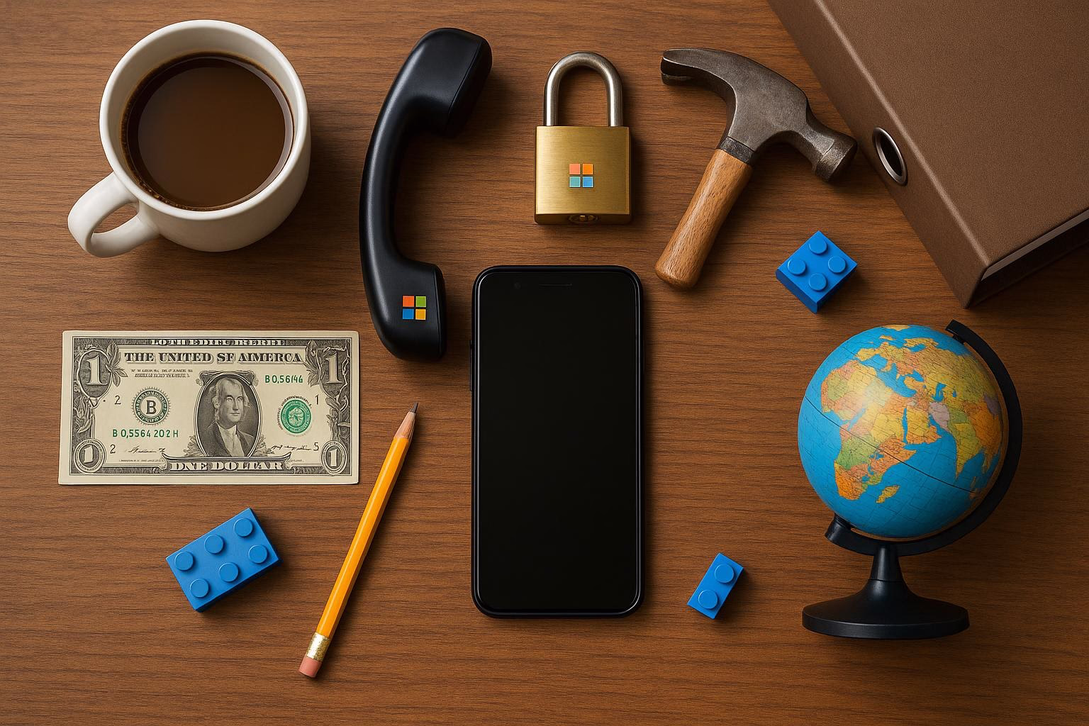 KDB Tech-Update 202601110602 Schreibtisch-Flatlay mit Kaffeetasse, Telefon, Smartphone, Globus, Schloss, Hammer, Ordnern und Geldscheinen als Symbol für Arbeit und Sicherheit.