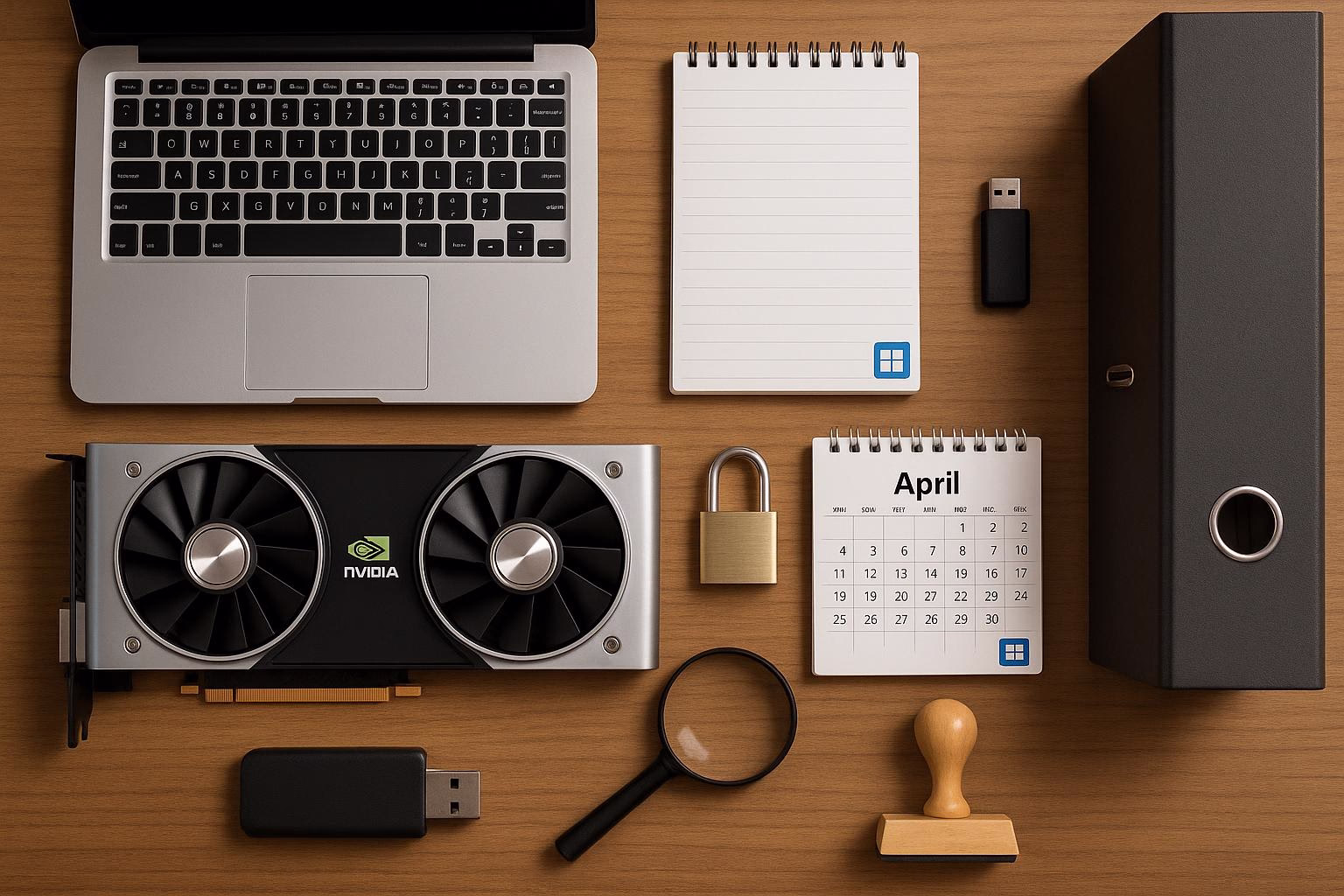 KDB Tech-Update 202601111607 Schreibtisch-Übersicht: Laptop, Notizblock, USB-Stick, Grafikkarte, Kalender, Vorhängeschloss, Lupe, Aktenordner und Stempel zur IT-Organisation.