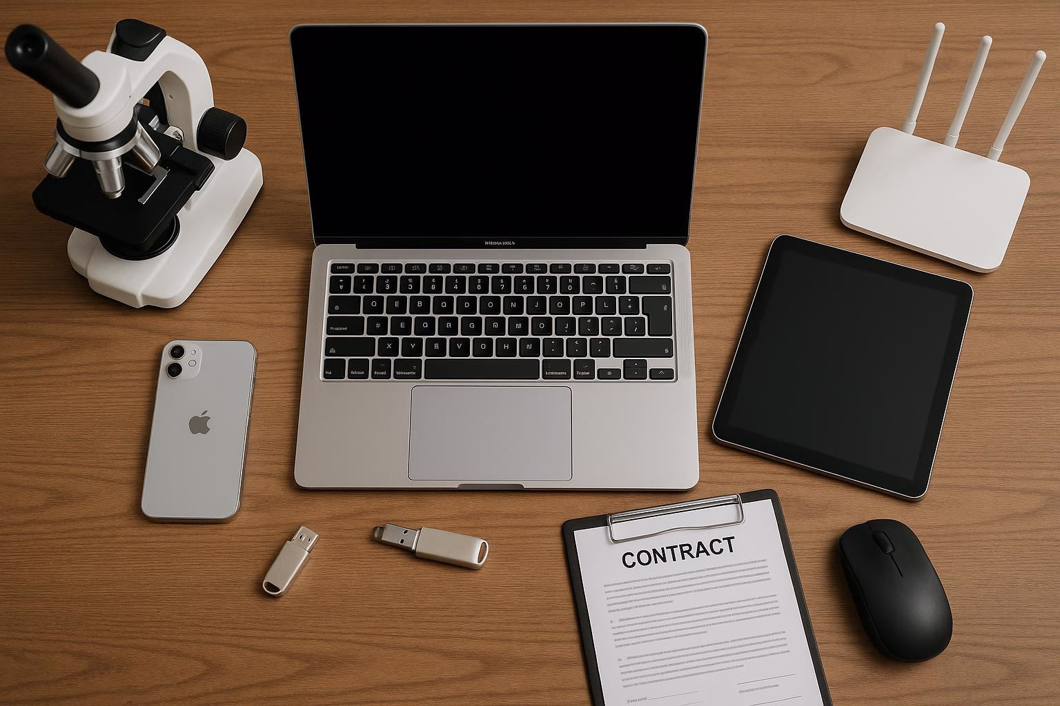 KDB Tech-Update 202601131603 Schreibtisch mit Laptop, Smartphone, Tablet, Router, USB-Sticks, Vertrag und Mikroskop; zeigt Arbeitsumgebung für Technik- und Vertragsdokumentation.