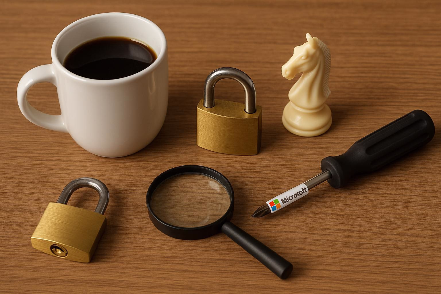 KDB Tech-Update 202601150602 Schreibtisch-Setup mit Kaffeetasse, Vorhängeschloss, Lupe und Schachfigur; zusätzlich Schraubenzieher mit Sicherheitsbezug als Symbol für Updates und Schutz.