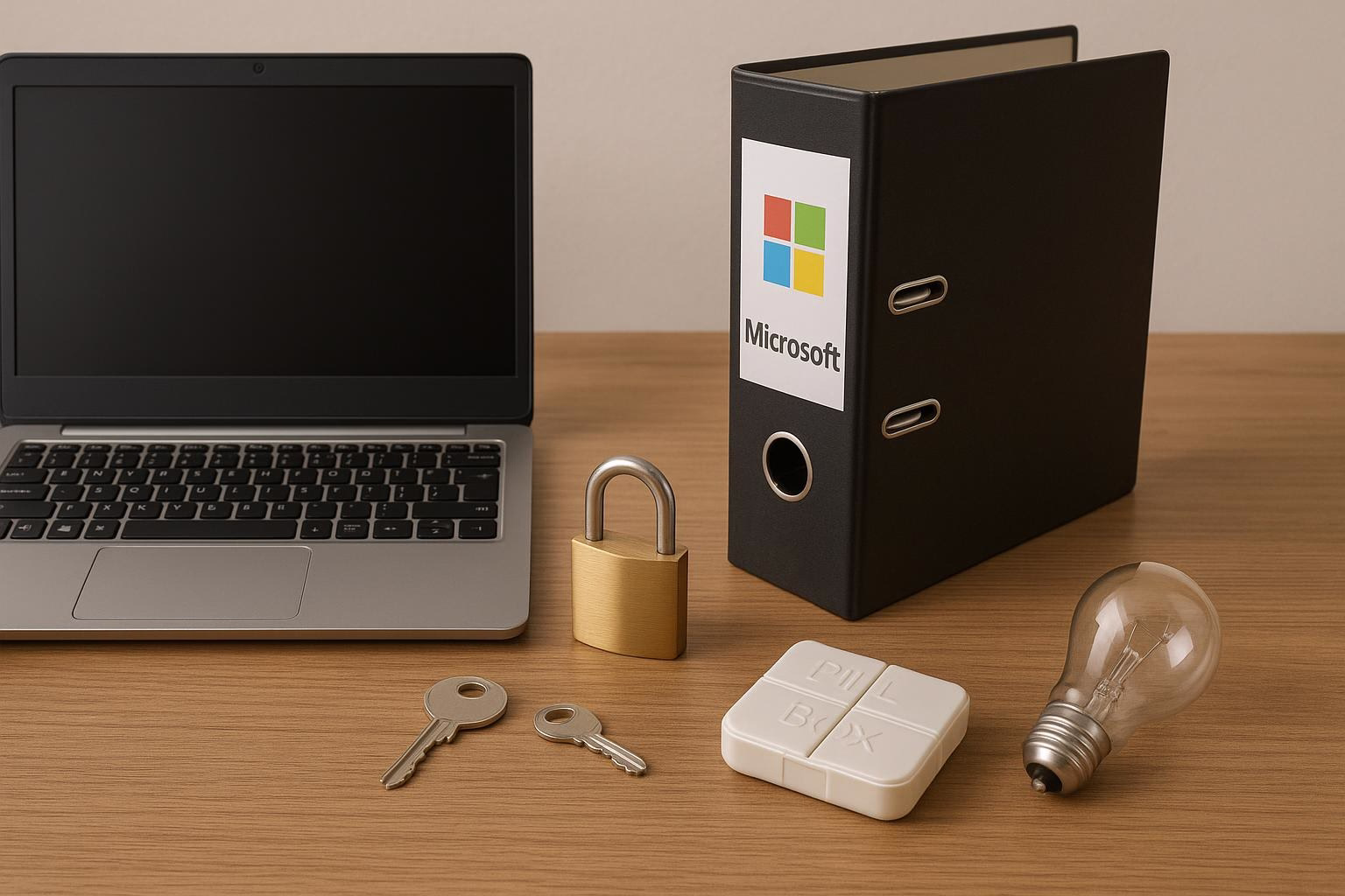 KDB Tech-Update 202601151606 Schreibtisch mit Laptop, Vorhängeschloss und Schlüsseln, Ordner, Pillendose und Glühbirne – Symbol für IT-Sicherheit und Vorsorge.