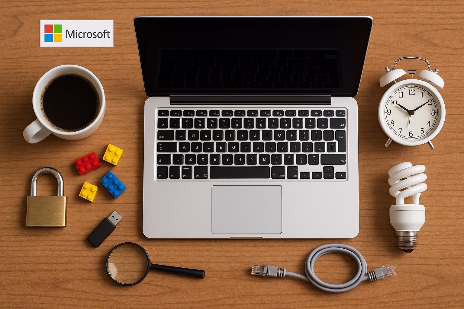 KDB Tech-Update 202601170603 Schreibtisch mit geöffnetem Laptop, Kaffeetasse, Wecker, USB-Stick, Lupe und Schutzschloss; verdeutlicht produktives Arbeiten und Sicherheit.