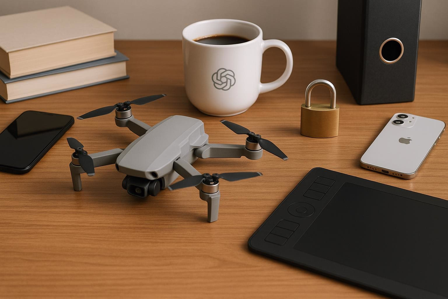 KDB Tech-Update 202601171604 Modell-Drohne neben Smartphone, Tablet und Kaffeetasse; Schreibtischszene mit Zubehör, symbolisiert Technik und Arbeitsalltag.