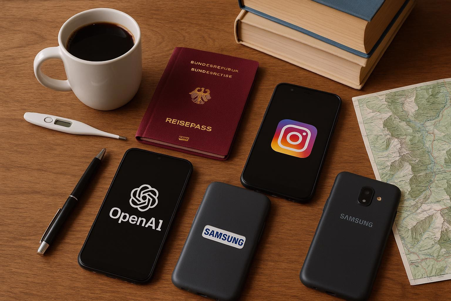 KDB Tech-Update 202601180604 Schreibtisch mit Kaffeetasse, Reisepass, Thermometer, Stiften, Smartphones mit Social-App- und KI-Icons sowie Gebirgskarte und Büchern.
