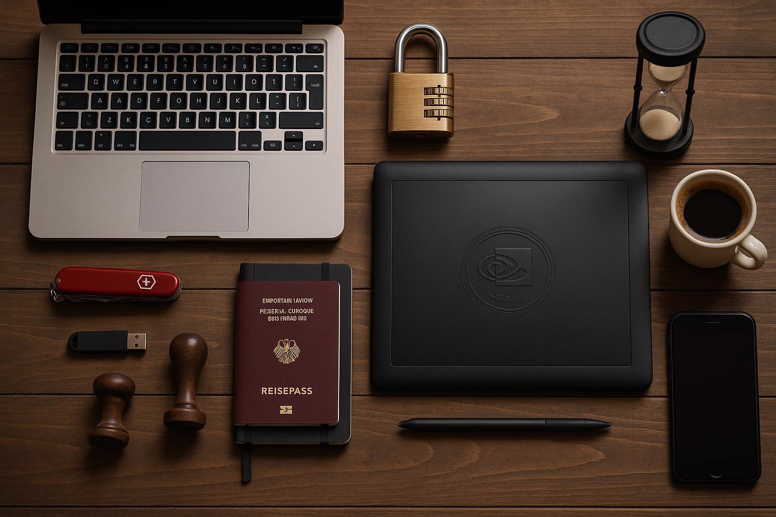 KDB Tech-Update 202601181603 Schreibtisch-Übersicht: Laptop, Smartphone, Reisetasse, Kaffee, USB-Stick und Schreibtablet mit Vorhängeschloss—Symbole für Arbeitsschutz und Datenzugriff.