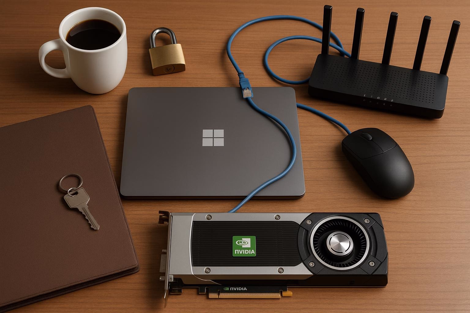 KDB Tech-Update 202601190606 Schreibtisch-Setup mit Laptop, Router, Netzwerkkabel, Maus und Grafikkarte sowie Schloss und Schlüsseln, zur Darstellung von Technik und Sicherheit.
