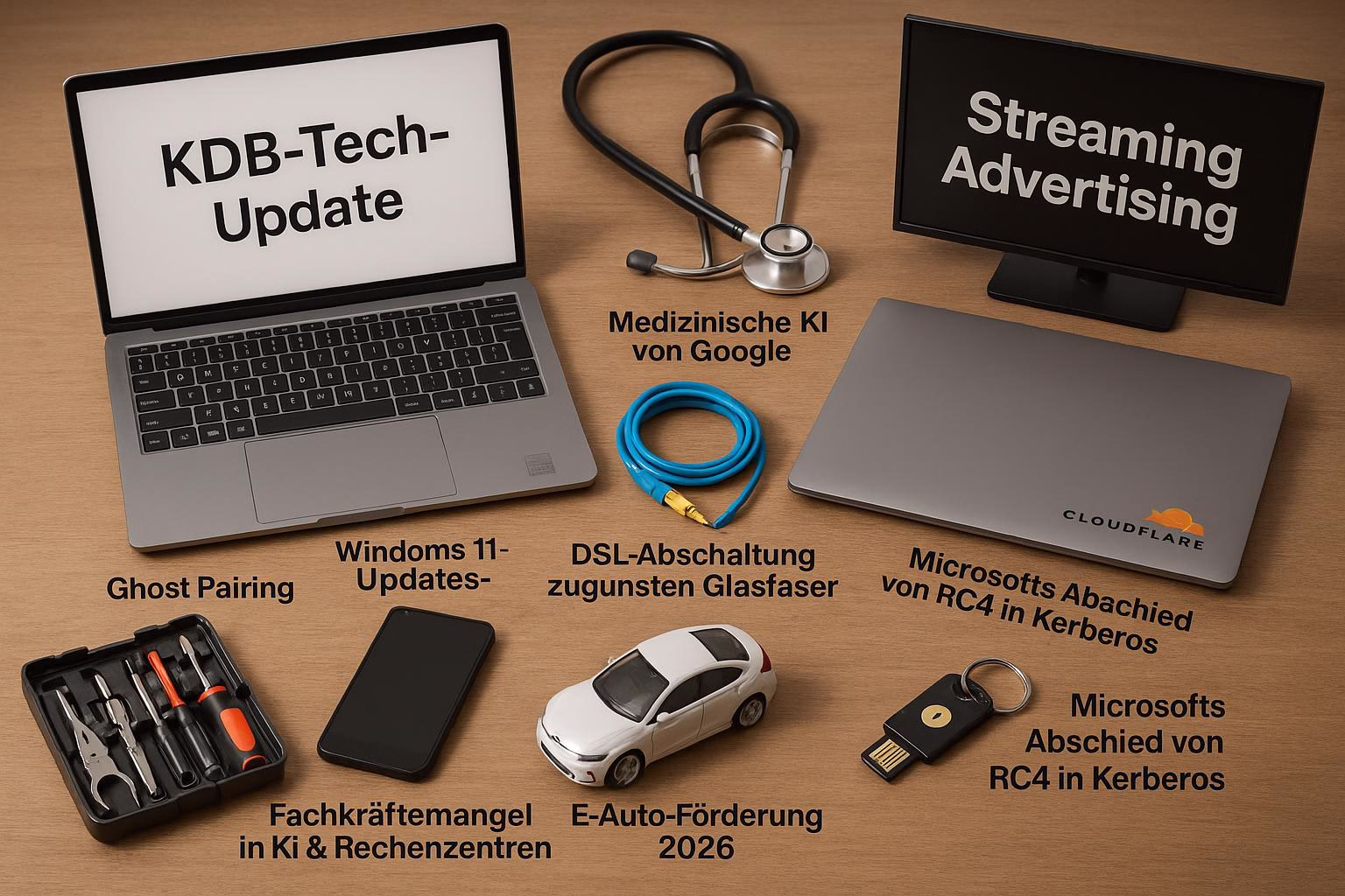 KDB Tech-Update 202601191604 Schreibtisch mit Laptop, Monitoren, Stethoskop, Smartphone, Glasfaserkabel und Werkzeugkoffer; Technik-Update-Themen visuell dargestellt, inkl. E-Auto-Ikone.