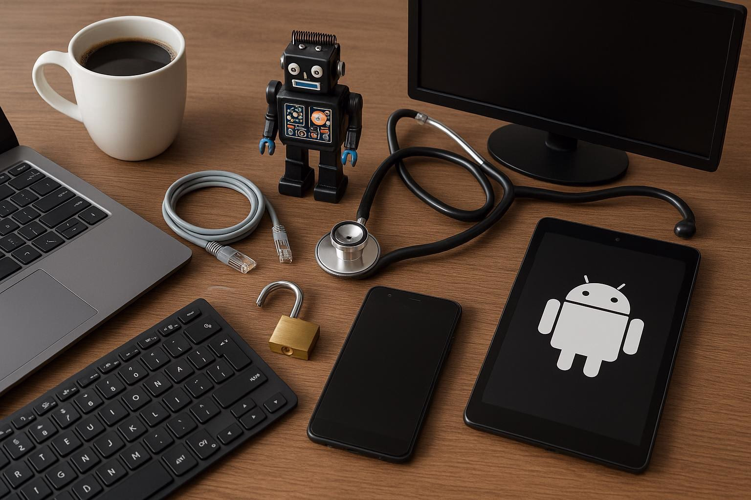 KDB Tech-Update 202601200604 Schreibtisch mit Laptop, Smartphone und Tablet, Glasfaserkabel, Stethoskop und Roboterfigur; Schloss und Stethoskop deuten auf Technik, Sicherheit und Diagnose hin.