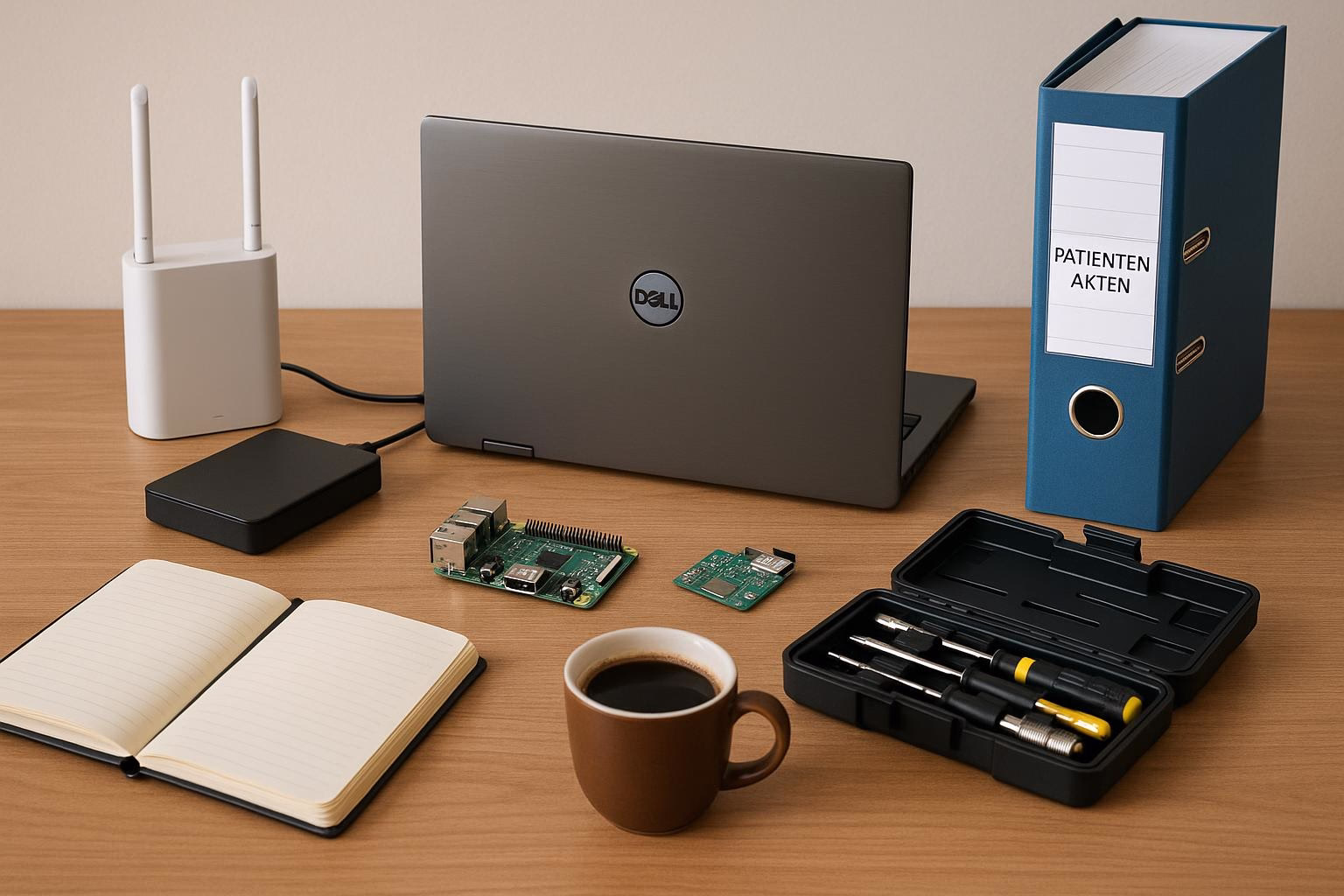 KDB Tech-Update 202601201605 Schreibtisch mit geöffnetem Laptop, Router, externer Backup-Festplatte, Patientenaktenordner, Raspberry-Pi-Boards und Werkzeugset, mit Kaffee und Notizbuch.