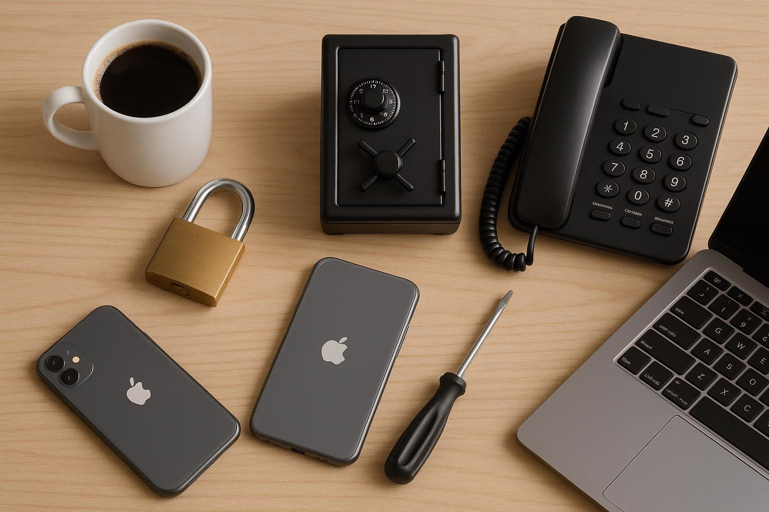 KDB Tech-Update 202601210603 Schreibtisch mit verschlossenem Vorhängeschloss, Zahlenschloss-Telefon, Smartphone, Laptop, Schraubendreher und Kaffeetasse als Sicherheits- und Arbeits-Setup.