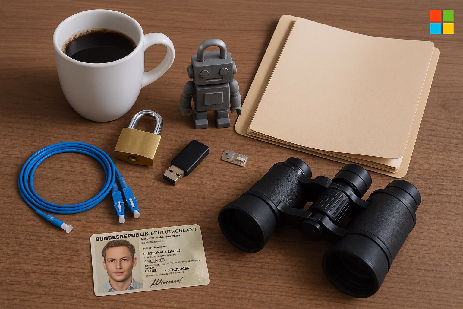 KDB Tech-Update 202601220602 Schreibtisch mit Kaffee, Schloss, USB-Stick und Glasfaserkabel, geöffneter Mappe, Fernglas und Ausweis als Bild für technische Sicherheit und Dokumente.