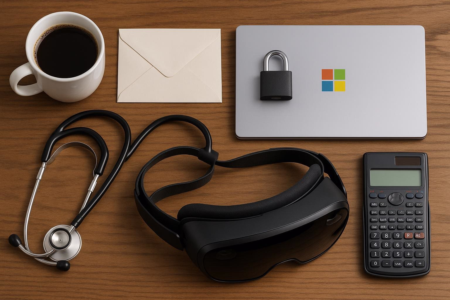 KDB Tech-Update 202601221604 Schreibtisch-Übersicht: Tasse Kaffee, Briefumschlag, gesperrter Laptop, Stethoskop, VR-Headset und Taschenrechner zur Darstellung von Technik und Medizin.