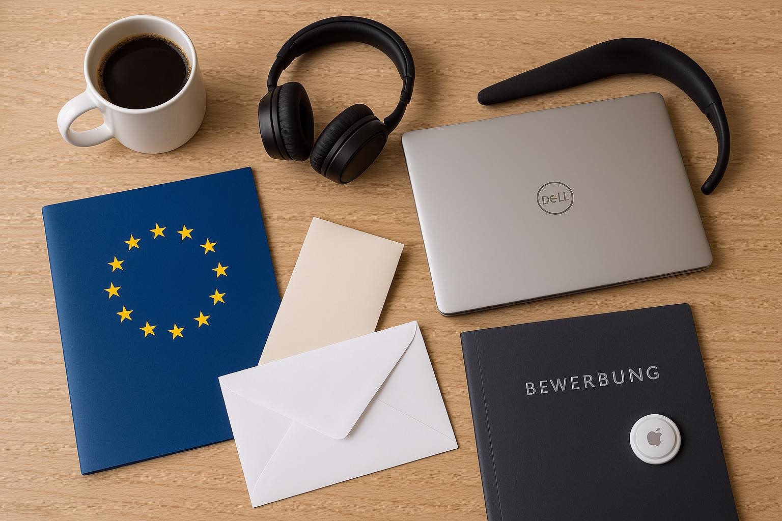 KDB Tech-Update 202601230605 Schreibtisch-Flatlay: Kaffeetasse, Kopfhörer, Laptop, Briefumschläge und Bewerbungsordner zur Präsentation von Bewerbung/Arbeitsvorbereitung.