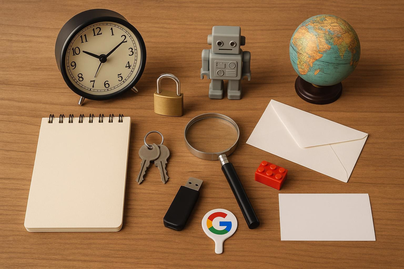 KDB Tech-Update 202601231602 Schreibtisch mit Uhr, Roboterfigur, Globus, Schloss und Schlüsseln, Notizblock, Umschlägen, USB-Stick und Lupe zur Technik- und Zeitplanung.