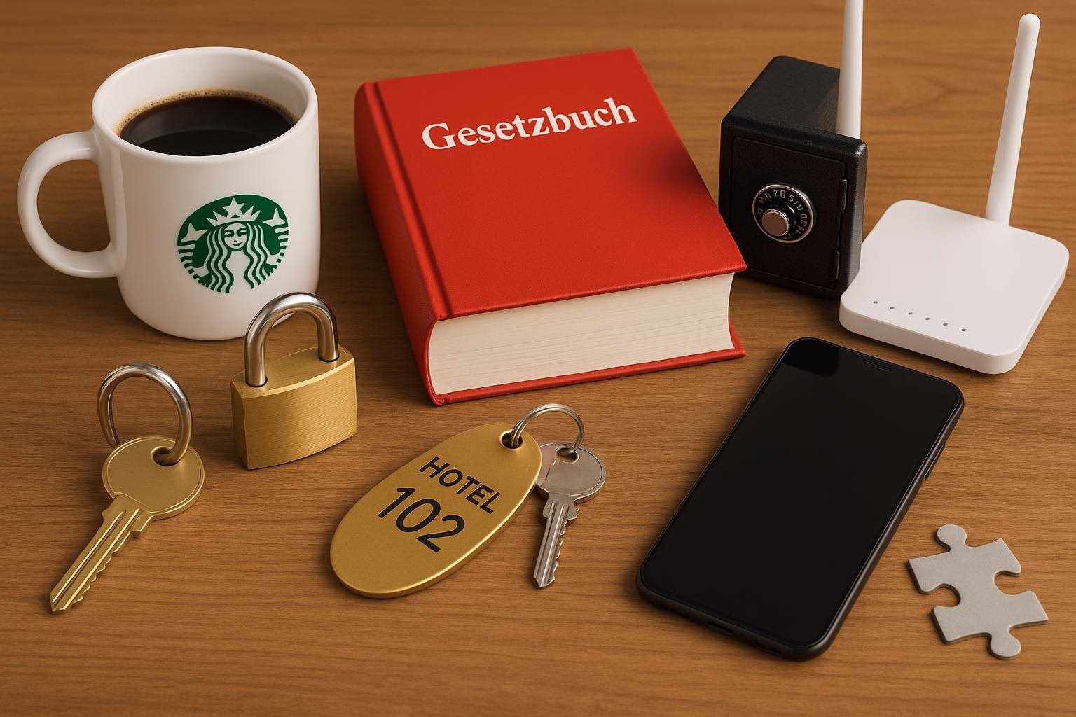 KDB Tech-Update 202601250606 Schreibtisch mit Gesetzbuch, Mini-Schloss, Hotelschlüsseln, Smartphone und WLAN-Router; Symbol für Recht, Sicherheit und digitale Kommunikation.