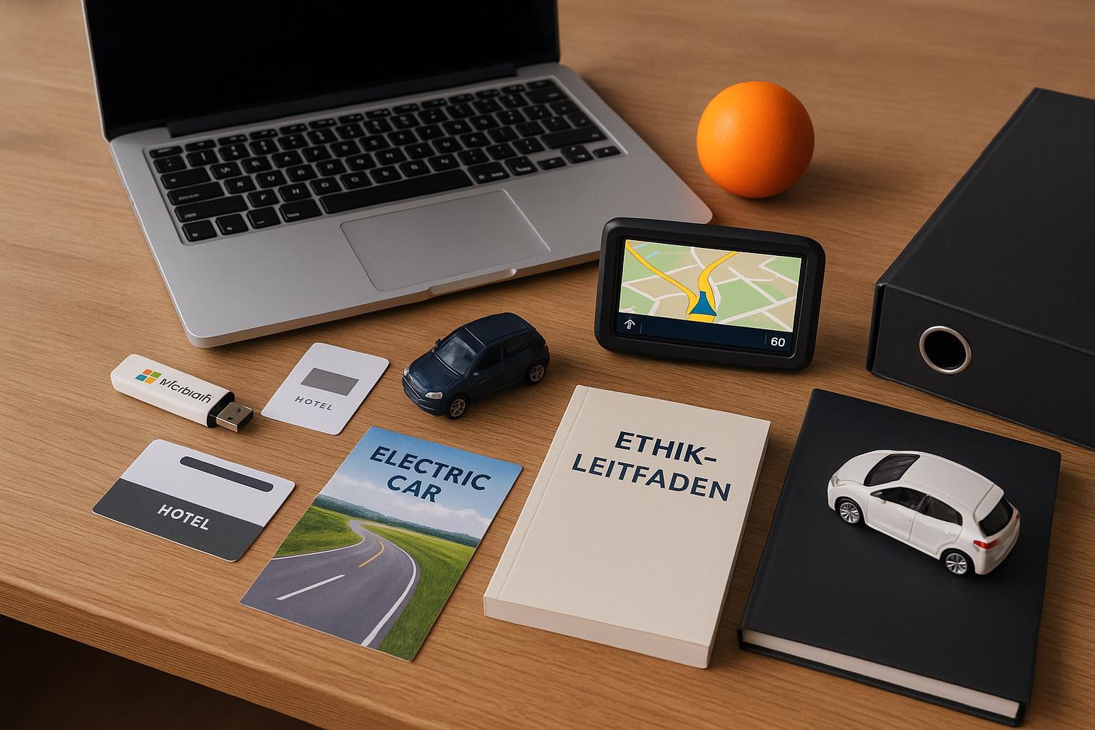 KDB Tech-Update 202601251605 Schreibtisch mit Laptop, Navigationsgerät, Spielzeug-Elektroauto, Hotelkarte und Buch „Ethik-Leitfaden“; Objekte verweisen auf Reise, Technik und Werte.