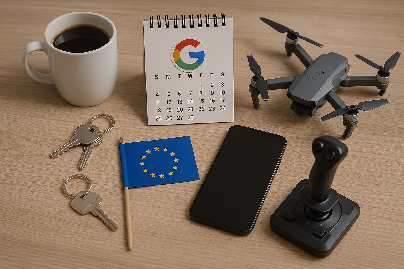 KDB Tech-Update 202601260602 Schreibtisch-Arrangement mit Kaffeetasse, Kalender, EU-Flagge, Smartphone und Modell-Drohne mit Fernbedienung zur Darstellung von Technik und Planung.