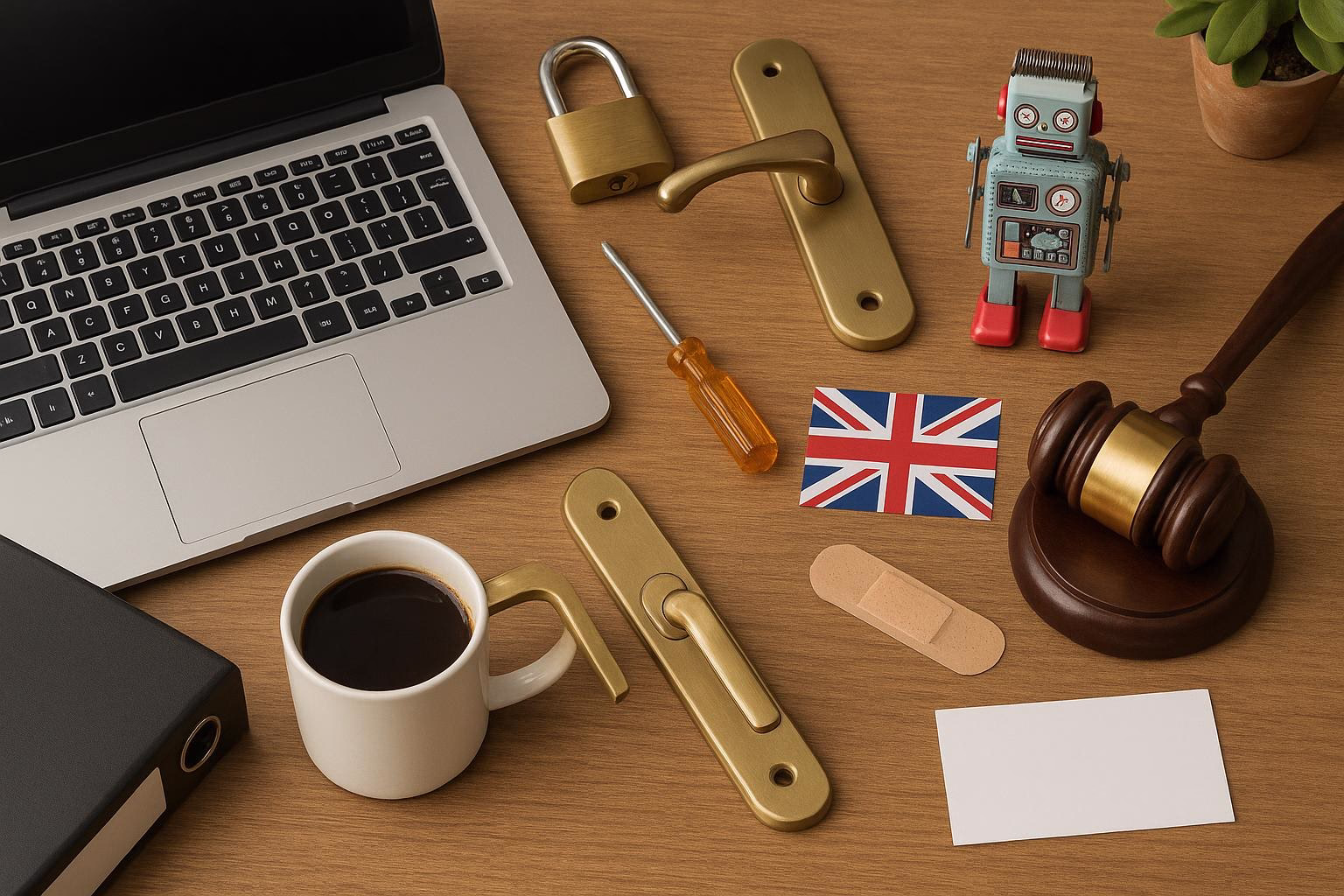 KDB Tech-Update 202601261603 Schreibtisch mit Laptop, Kaffeetasse, Vorhängeschloss, Werkzeug, Haftband, Flaggenkarte und Richterhammer—Symbole für Recht, Sicherheit und Verwaltung.