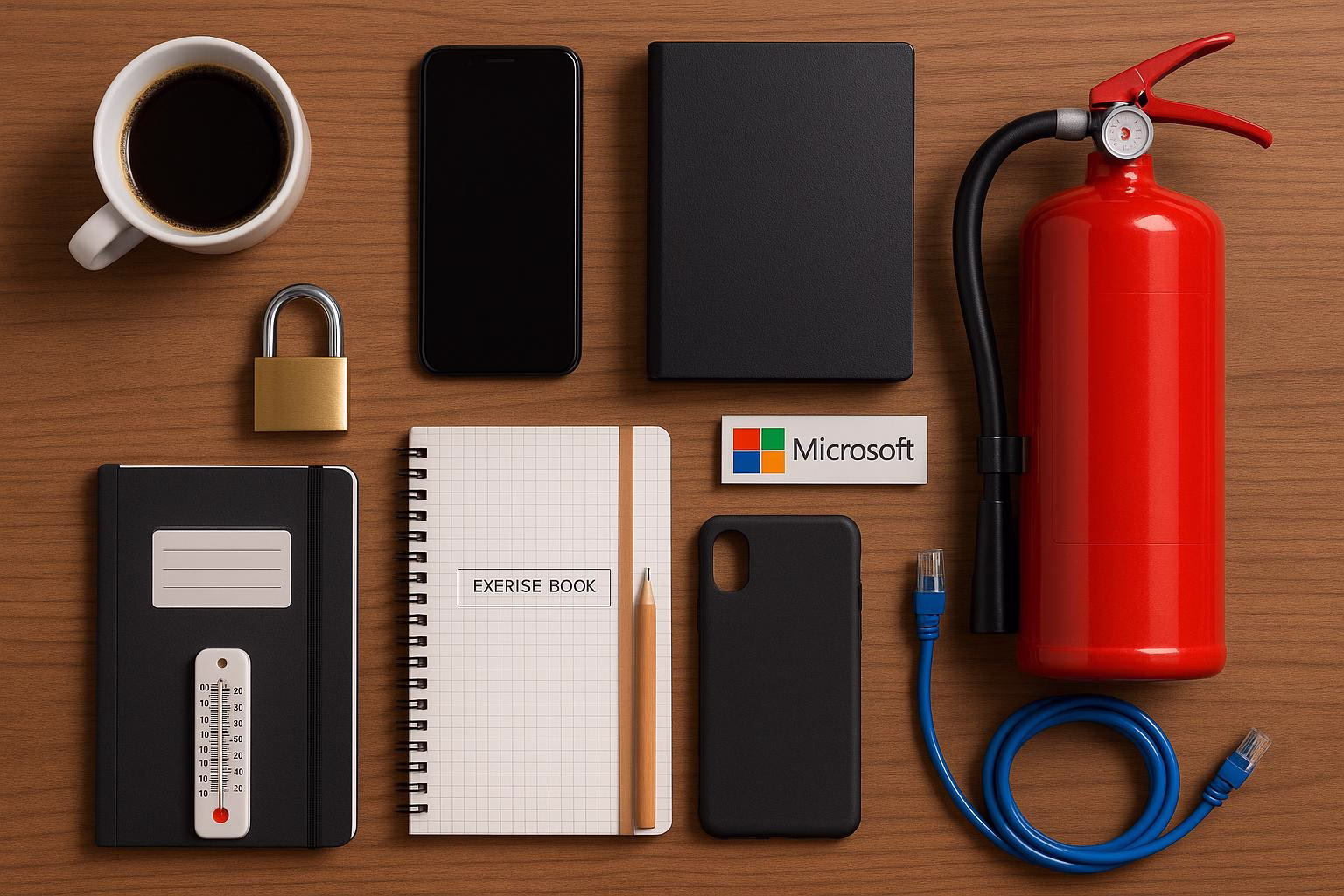 KDB Tech-Update 202601280607 Übersichtlicher Schreibtisch mit Smartphone, Notebook, Kaffeetasse, Kabel, Handyhülle und Feuerlöscher als Symbol für Technik- und Sicherheits-Setup.