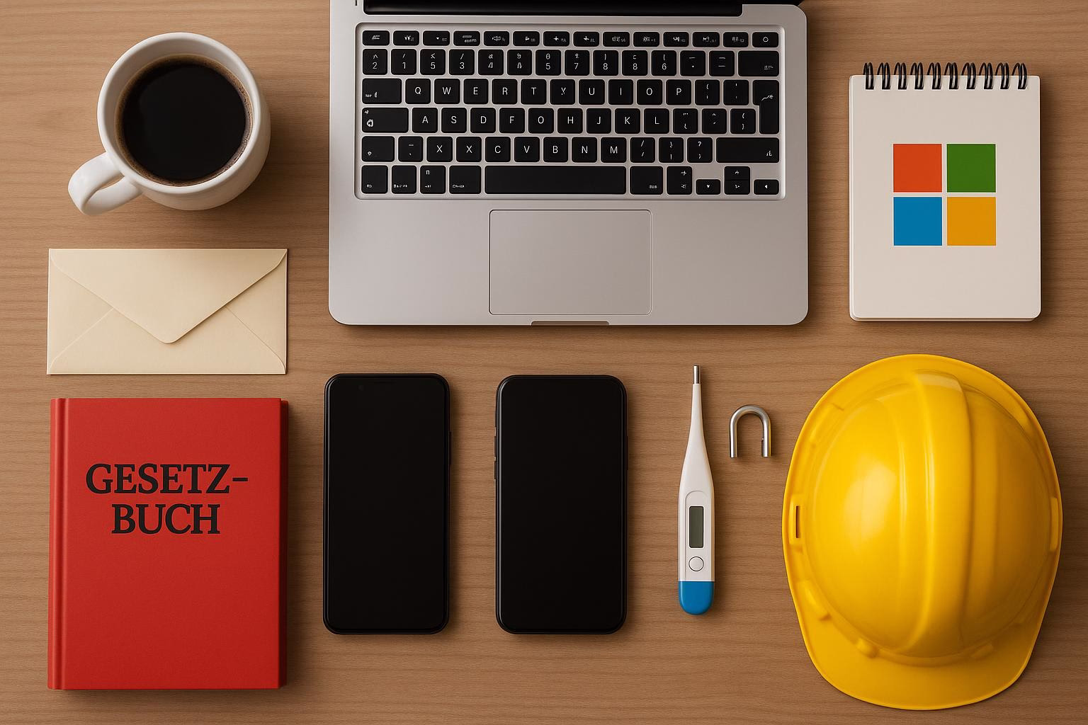 KDB Tech-Update 202601290603 Arbeitsplatz-Übersicht: Laptop, Smartphone, Gesetzbuch, Briefumschlag, Messgerät, Schutzhelm und Notizblock als Grundlage für Planung und Kommunikation.