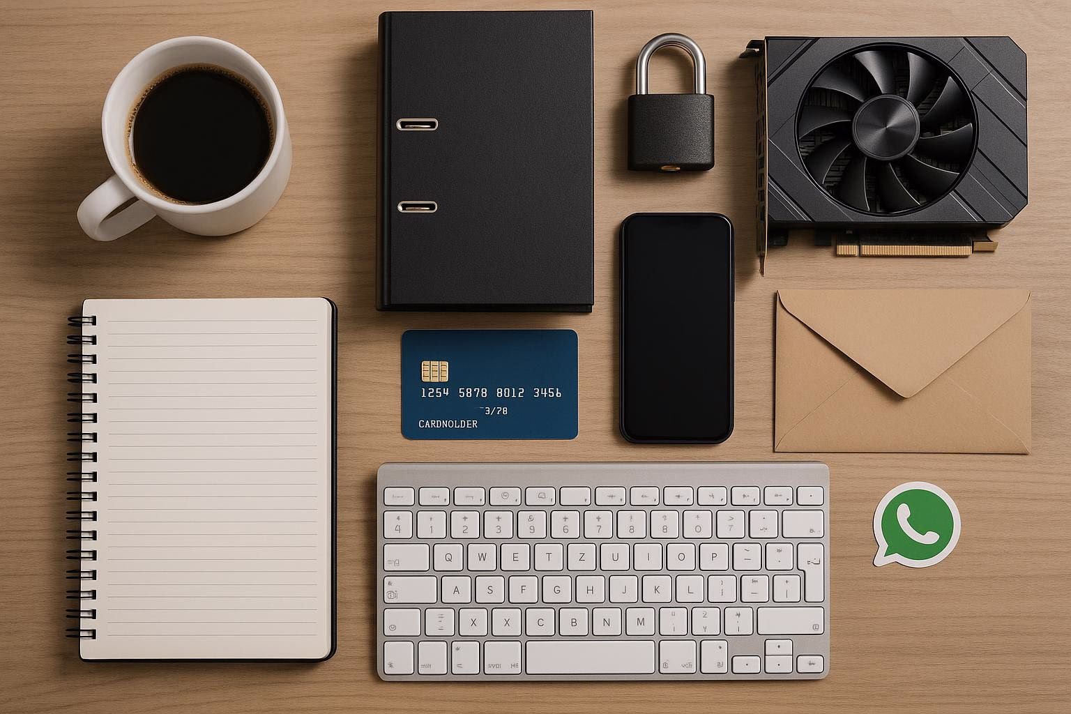 KDB Tech-Update 202601300604 Schreibtisch-Overhead mit Kaffeetasse, Laptop-/Grafikkarten-Hardware, Smartphone, Kreditkarte, Notizbuch, Tastatur, Aktenordner, Briefumschlag und WhatsApp-Sticker.