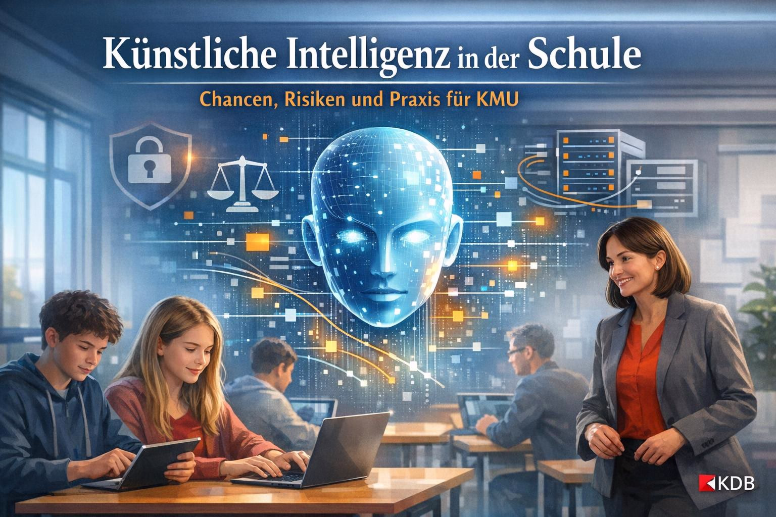 bild-ki-recherche-2 Lehrkräfte und Lernende arbeiten im Klassenraum mit digitalen KI-Symbolen; zentrale KI-Maske steht für Chancen und Risiken.