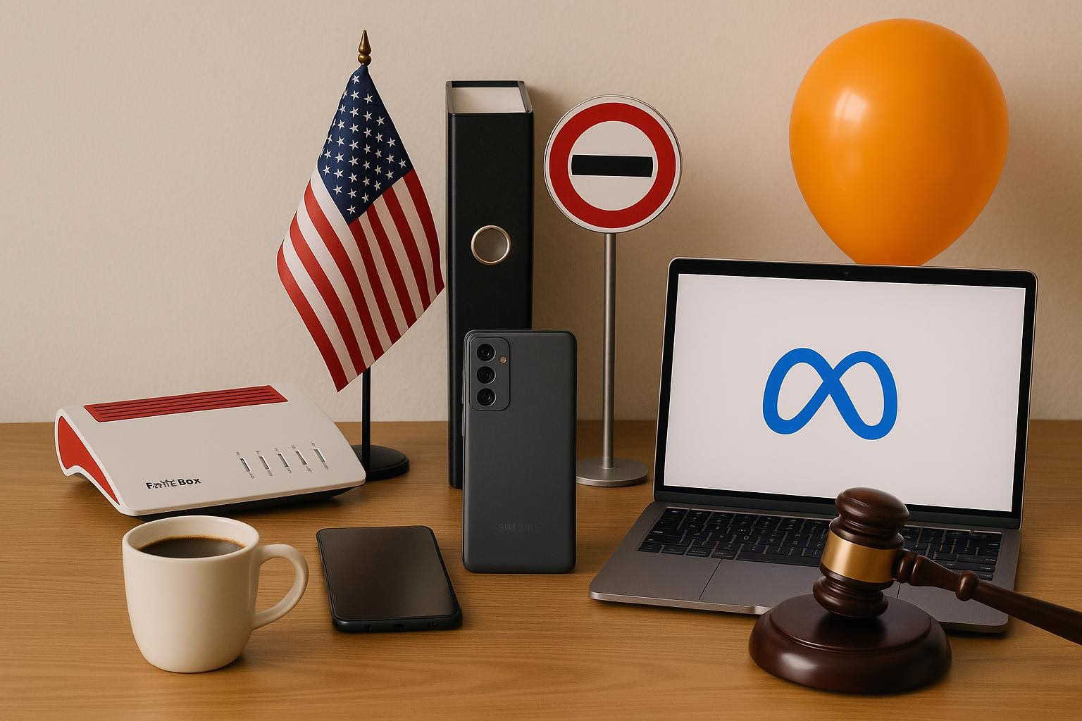 KDB Tech-Update 202602010605 Schreibtisch mit US-Flagge, Smartphone, Laptop mit Meta-Zeichen, Router, Stempel und Richterhammer; symbolisiert Tech‑Update und rechtliche Prüfung.
