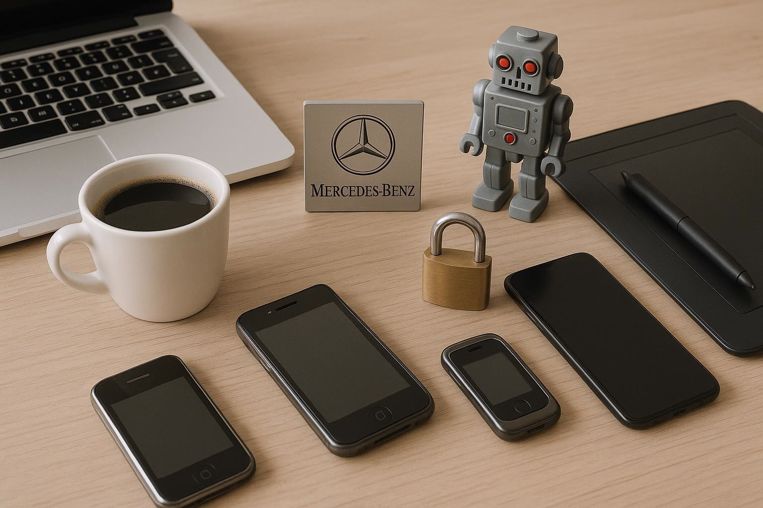 KDB Tech-Update 202602020602 Schreibtisch mit Laptop, Kaffeetasse, mehreren Smartphones, Tablet und Roboterfigur; vorhängeschloss als Symbol für Sicherheit, daneben entsperrtes Schild.