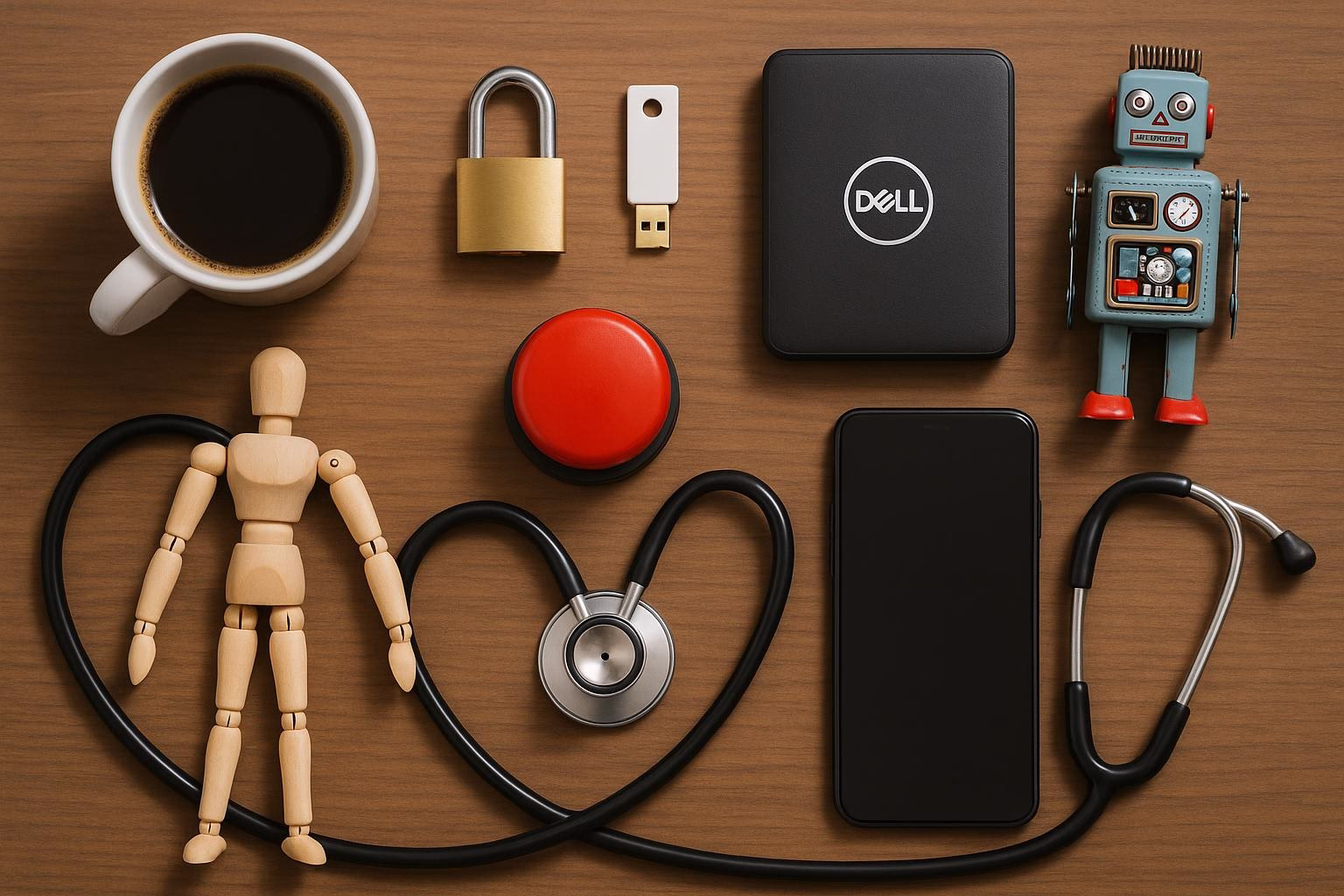 KDB Tech-Update 202602021602 Übersicht eines Schreibtischs mit Kaffee, verschlossenem USB-Stick, externer Festplatte, Smartphone, rotem Knopf, Stethoskop und Roboterfigur zur Symbolik für Sicherheit und Technik.