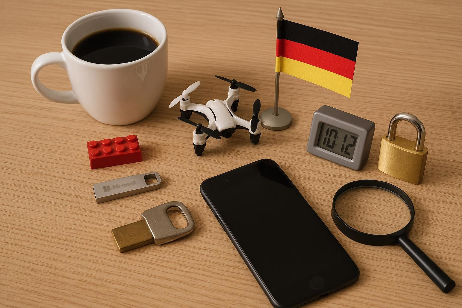 KDB Tech-Update 202602030604 Schreibtisch mit Kaffeetasse, Spielzeugdrohne, Smartphone, Lupe, Mini-Flagge, Uhr, Vorhängeschloss und USB-ähnlichem Stick zur Themenübersicht.