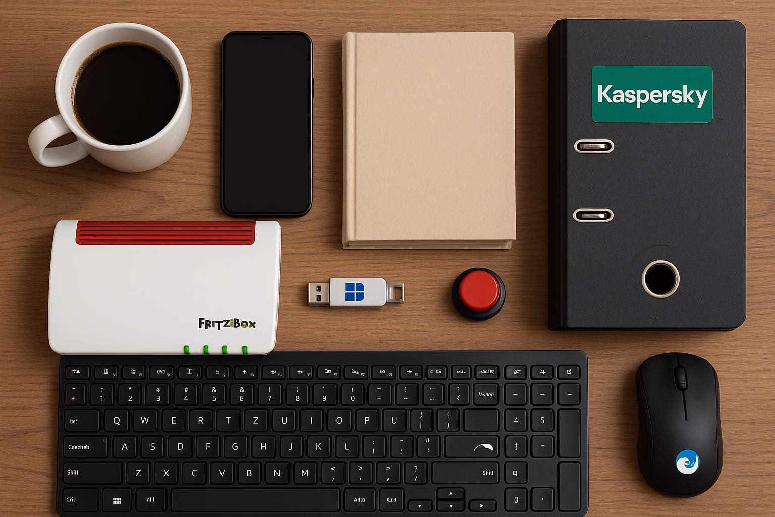 KDB Tech-Update 202602040604 Übersicht eines Schreibtisch-Setups: Kaffeetasse, Smartphone, Ordner und USB-Stick, Router, Tastatur und Maus sowie Schlüsselanhänger, passend für Technik-Update.