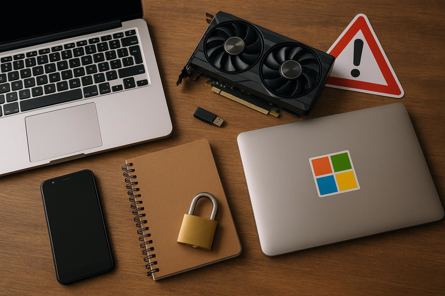 KDB Tech-Update 202602041602 Schreibtisch mit Laptop, Grafikkarte, USB-Stick und Smartphones; daneben Notizbuch mit Vorhängeschloss und Warnschild als Hinweis auf Datensicherheit.