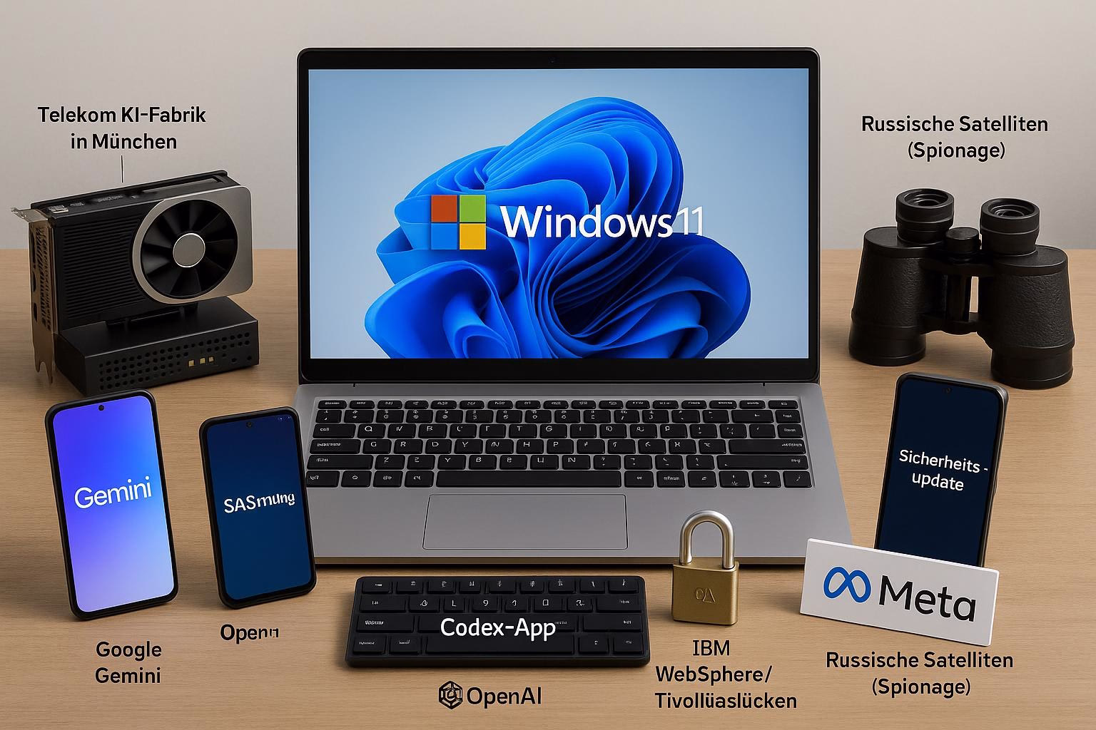 KDB Tech-Update 202602050602 Schreibtisch mit Laptop, Smartphones und Icons zu KI, Sicherheits-Updates, Codex-App sowie verschlüsseltem Schloss und Fernglas für Spionage.