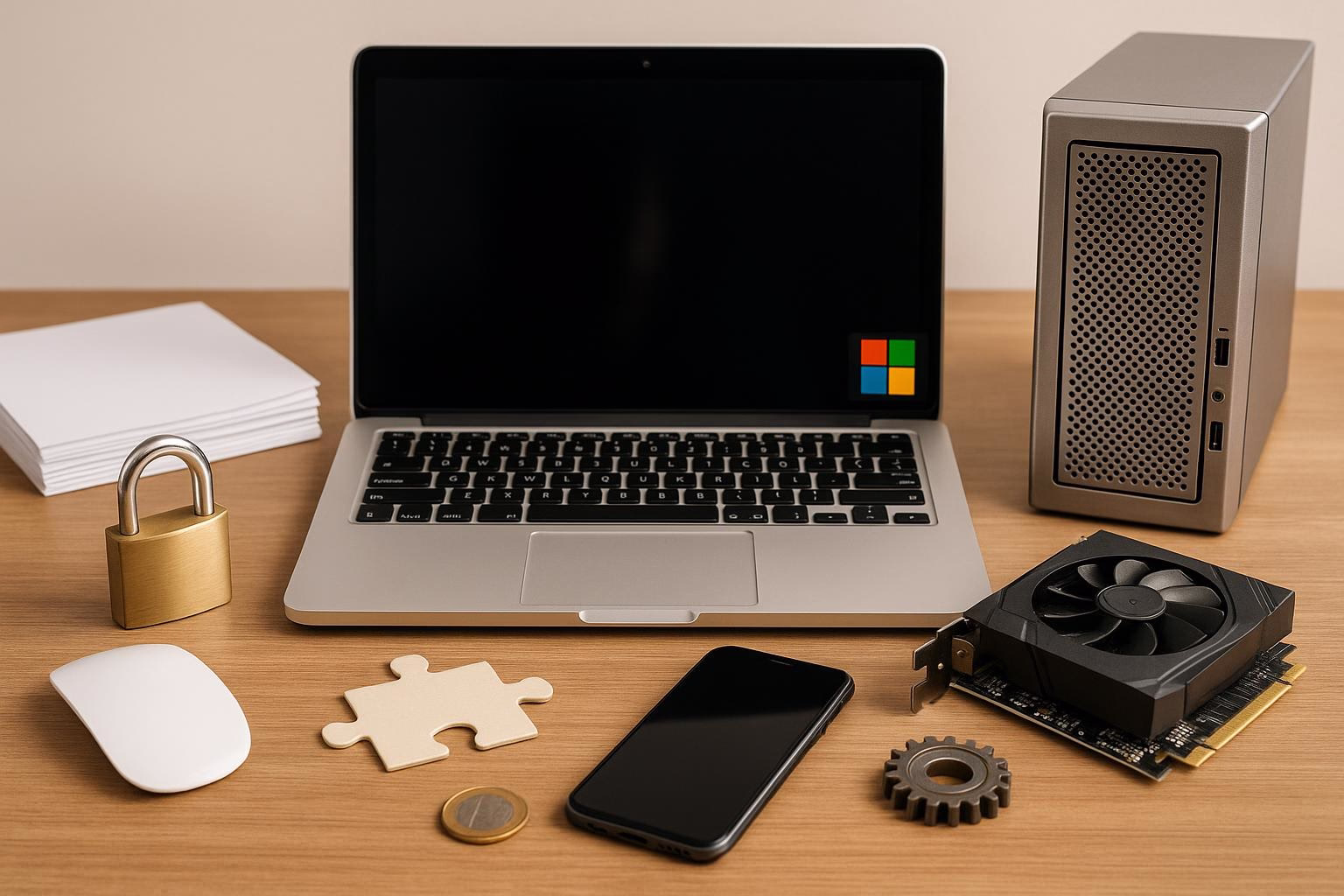 KDB Tech-Update 202602051602 Schreibtisch mit geöffnetem Laptop, gesperrtem Schloss und Hardware-Elementen (Server, Grafikkarte, Zahnrad, Smartphone, Münze) zur Symbolisierung von IT-Sicherheit.