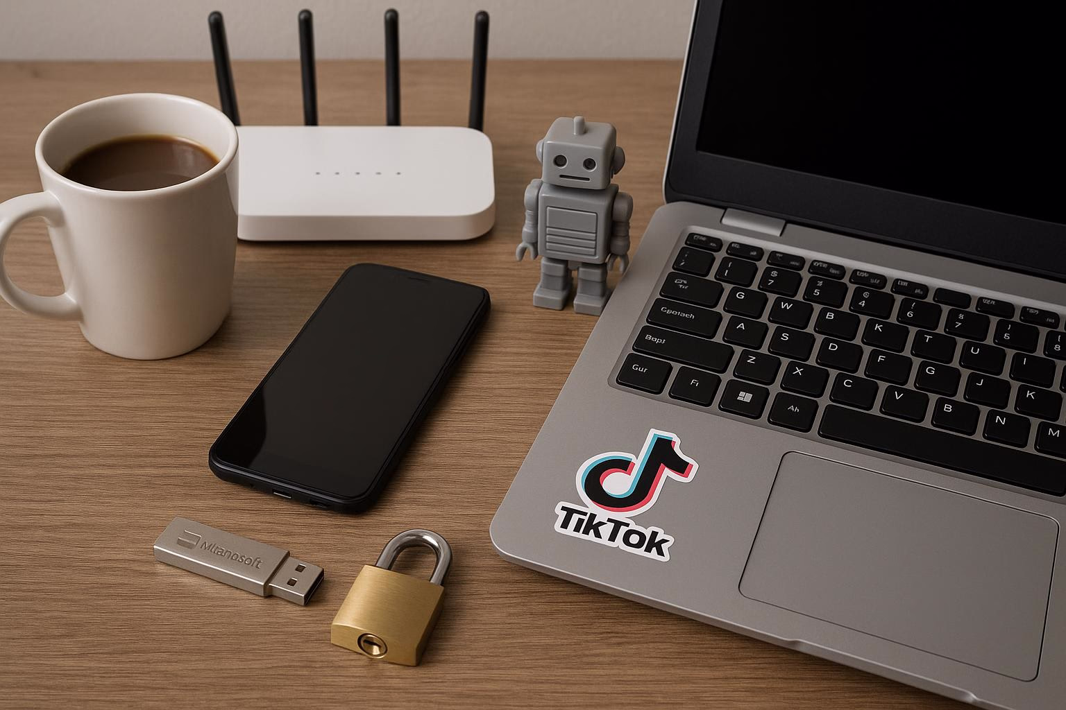 KDB Tech-Update 202602070605 Schreibtisch mit Laptop, Router und Handy; daneben Roboterfigur, Kaffeetasse, USB-Stick und Vorhängeschloss als Symbol für vernetzte, gesicherte Technik.