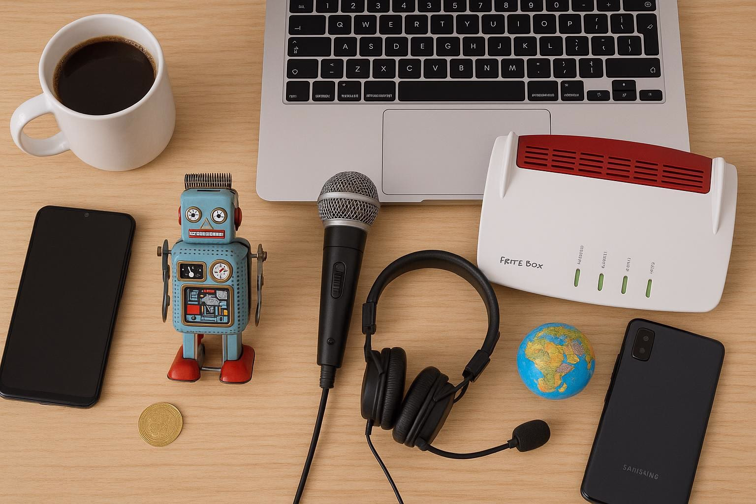 KDB Tech-Update 202602080603 Schreibtisch-Set mit Laptop, Kaffeetasse, Sprachmikrofon, Headset, Router, Mini-Weltkugel, Spielroboter und Smartphones—Symbol für digitales Arbeiten und Kommunikation.
