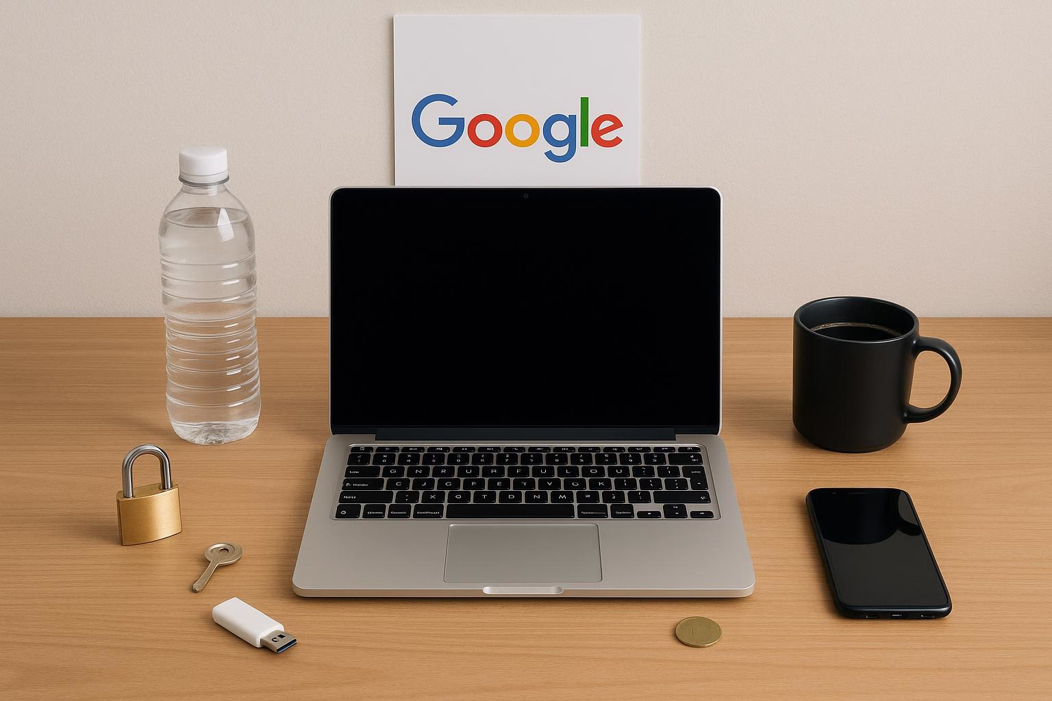 KDB Tech-Update 202602081601 Schreibtisch mit Laptop und Poster, daneben Wasserflasche, Kaffeetasse, Smartphone, USB-Stick und Schloss; zeigt Arbeits- und Sicherheitsumgebung.