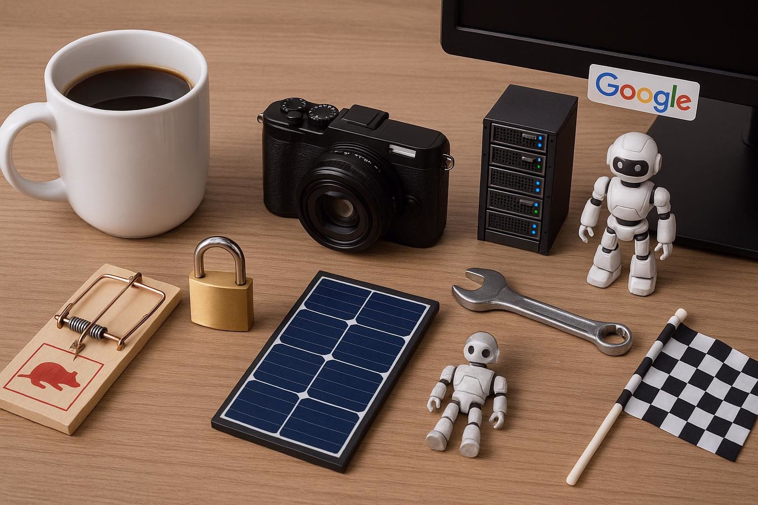 KDB Tech-Update 202602090601 Schreibtisch mit Kaffeetasse, Kamera, Server-Rack, Solarpanel, Robotern, Vorhängeschloss, Schraubenschlüssel und Flagge; symbolisch für Technik und Sicherheit.